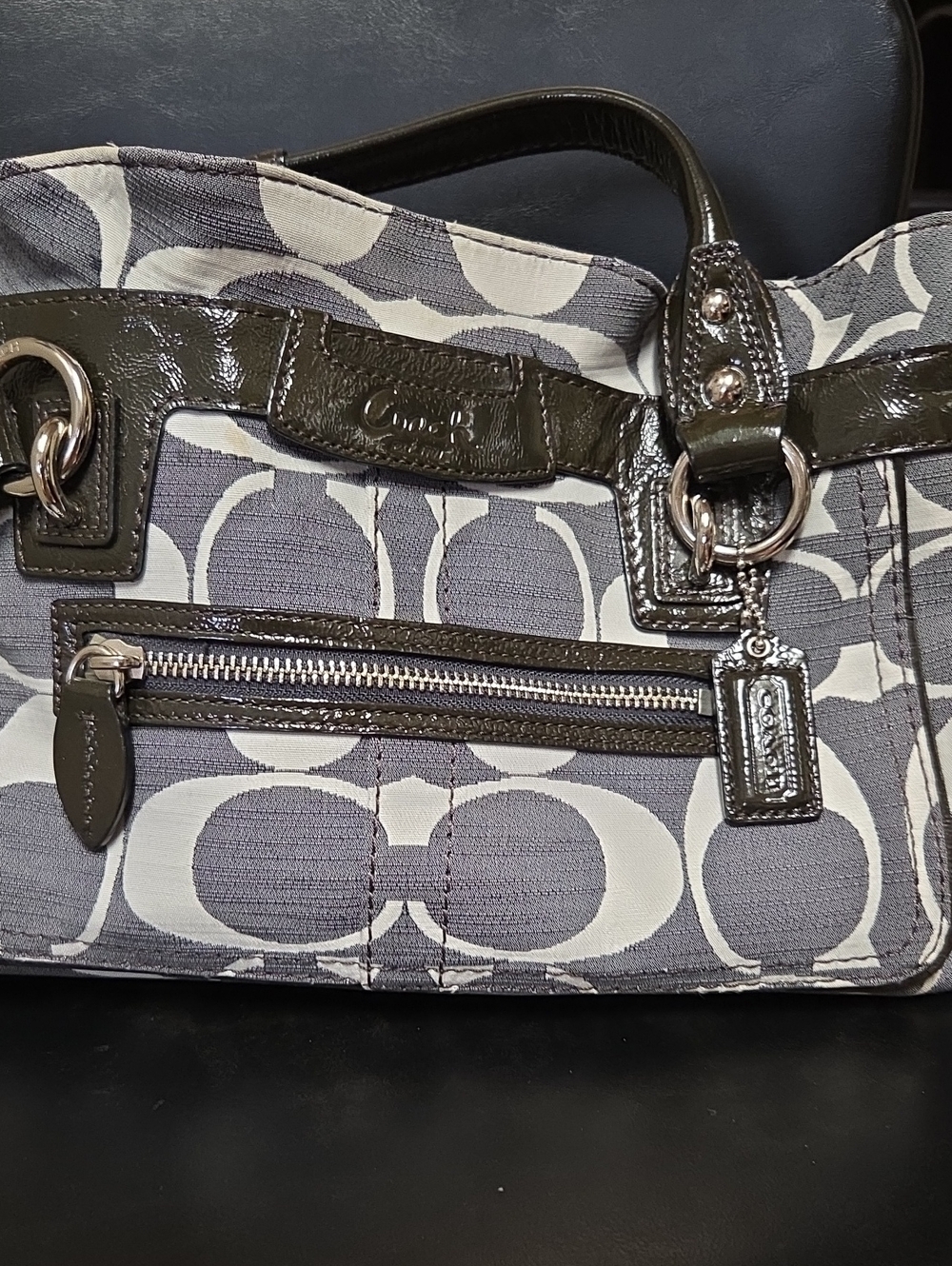 Coach Gray Signature Shoulder Bag with Black Patent Trim